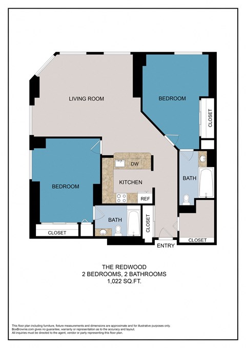 Floor plan for 2 beds, 2 baths, 1022 sqft